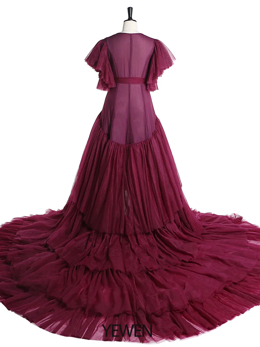 Tulle Royal Blue V Neck Short Sleeves Maternity Gown for Photo Shoot