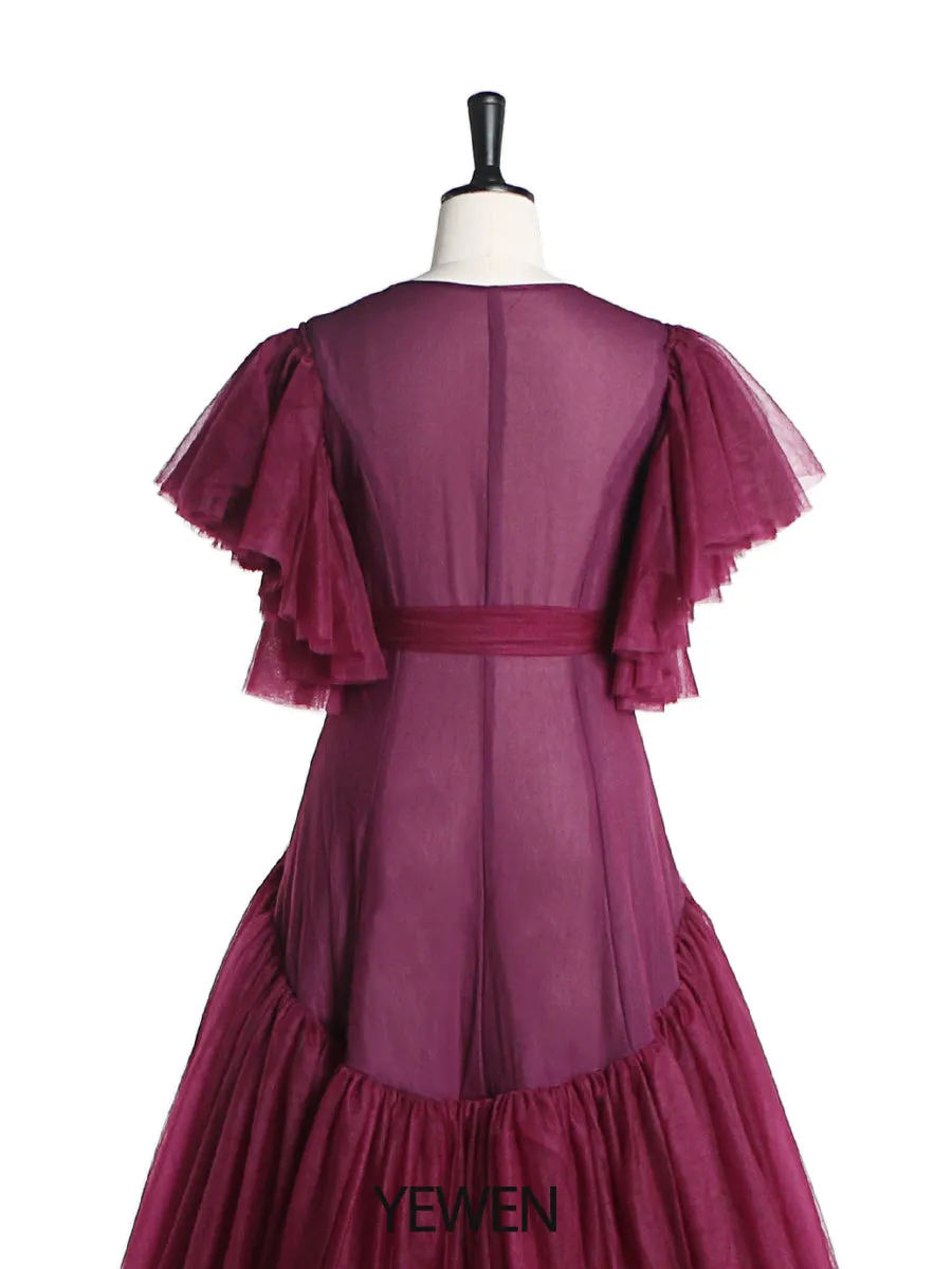 Tulle Royal Blue V Neck Short Sleeves Maternity Gown for Photo Shoot