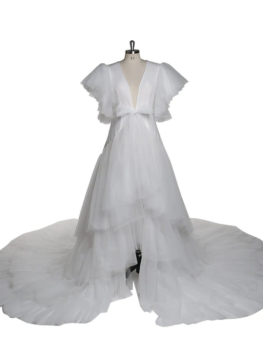 Tulle Royal Blue V Neck Short Sleeves Maternity Gown for Photo Shoot