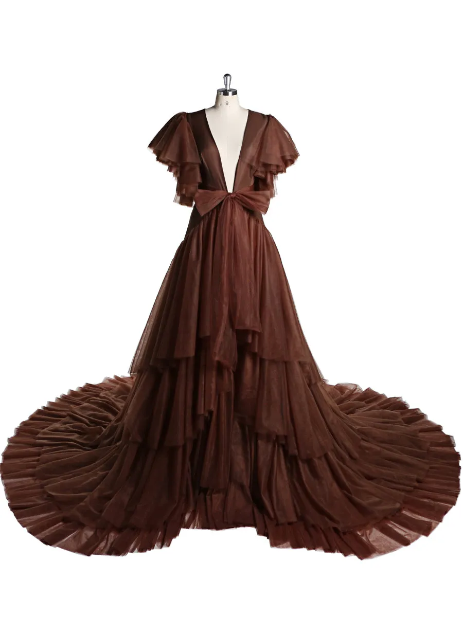 Tulle Royal Blue V Neck Short Sleeves Maternity Gown for Photo Shoot