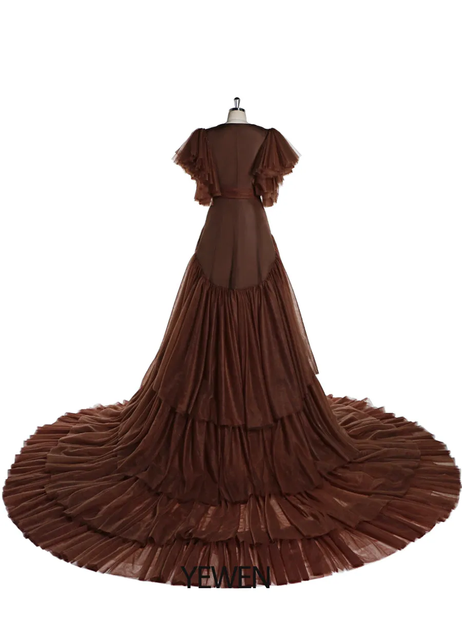 Tulle Royal Blue V Neck Short Sleeves Maternity Gown for Photo Shoot
