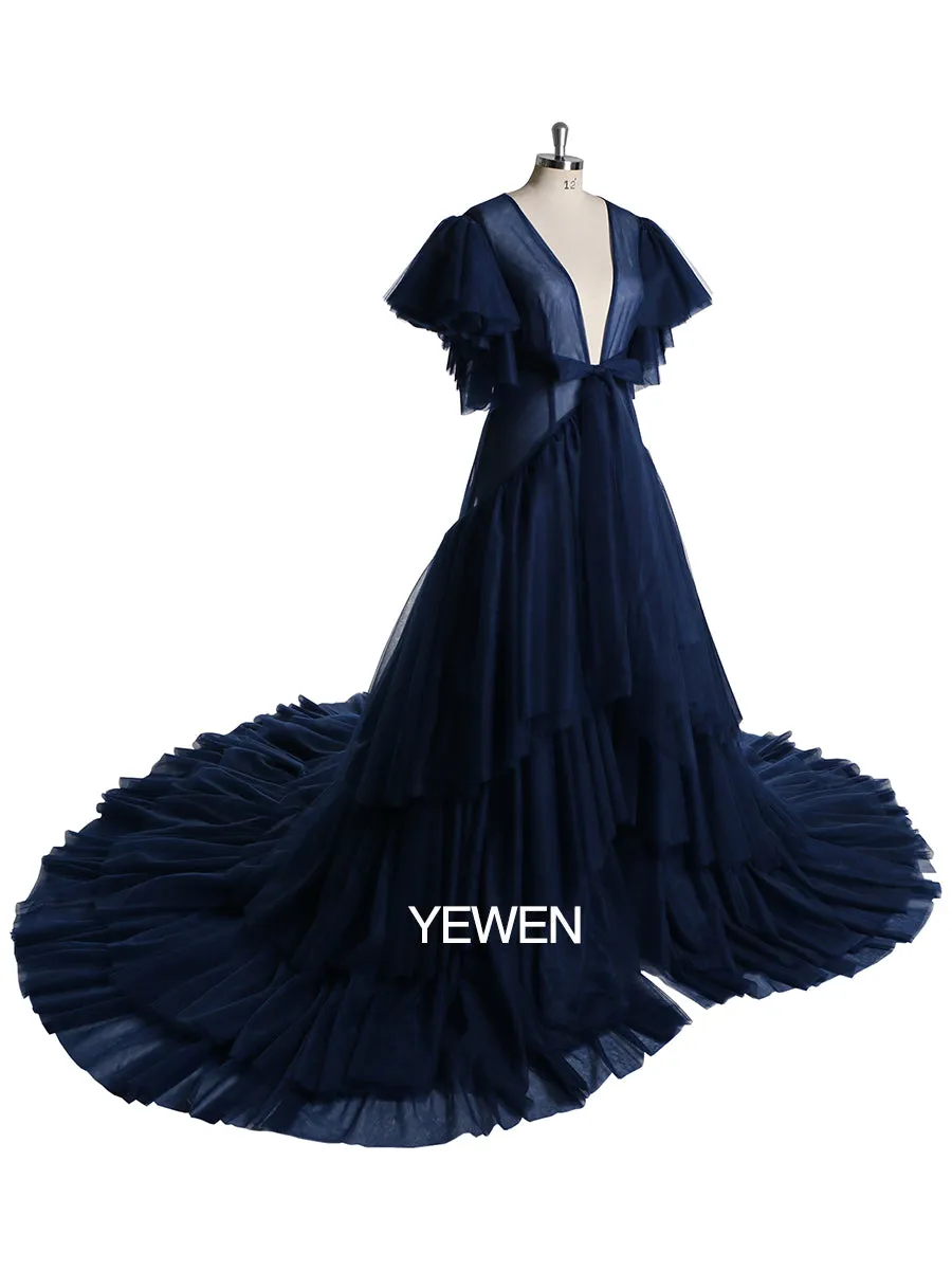 Tulle Royal Blue V Neck Short Sleeves Maternity Gown for Photo Shoot