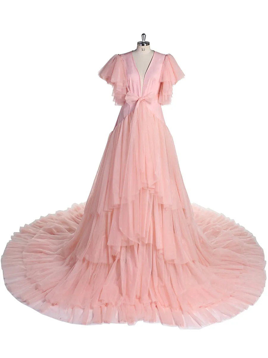 Tulle Royal Blue V Neck Short Sleeves Maternity Gown for Photo Shoot
