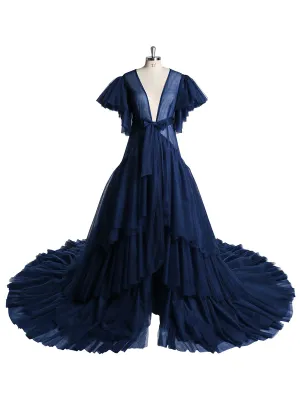 Tulle Royal Blue V Neck Short Sleeves Maternity Gown for Photo Shoot
