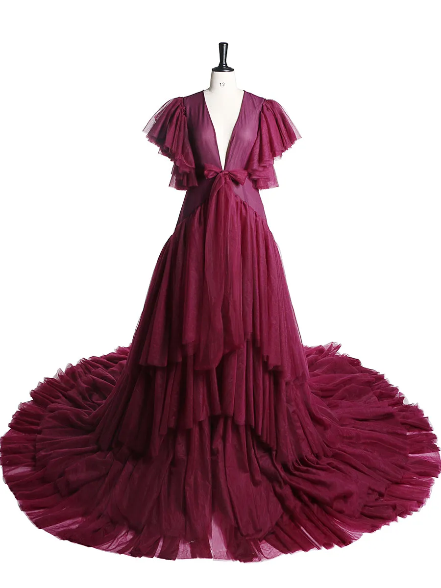 Tulle Royal Blue V Neck Short Sleeves Maternity Gown for Photo Shoot