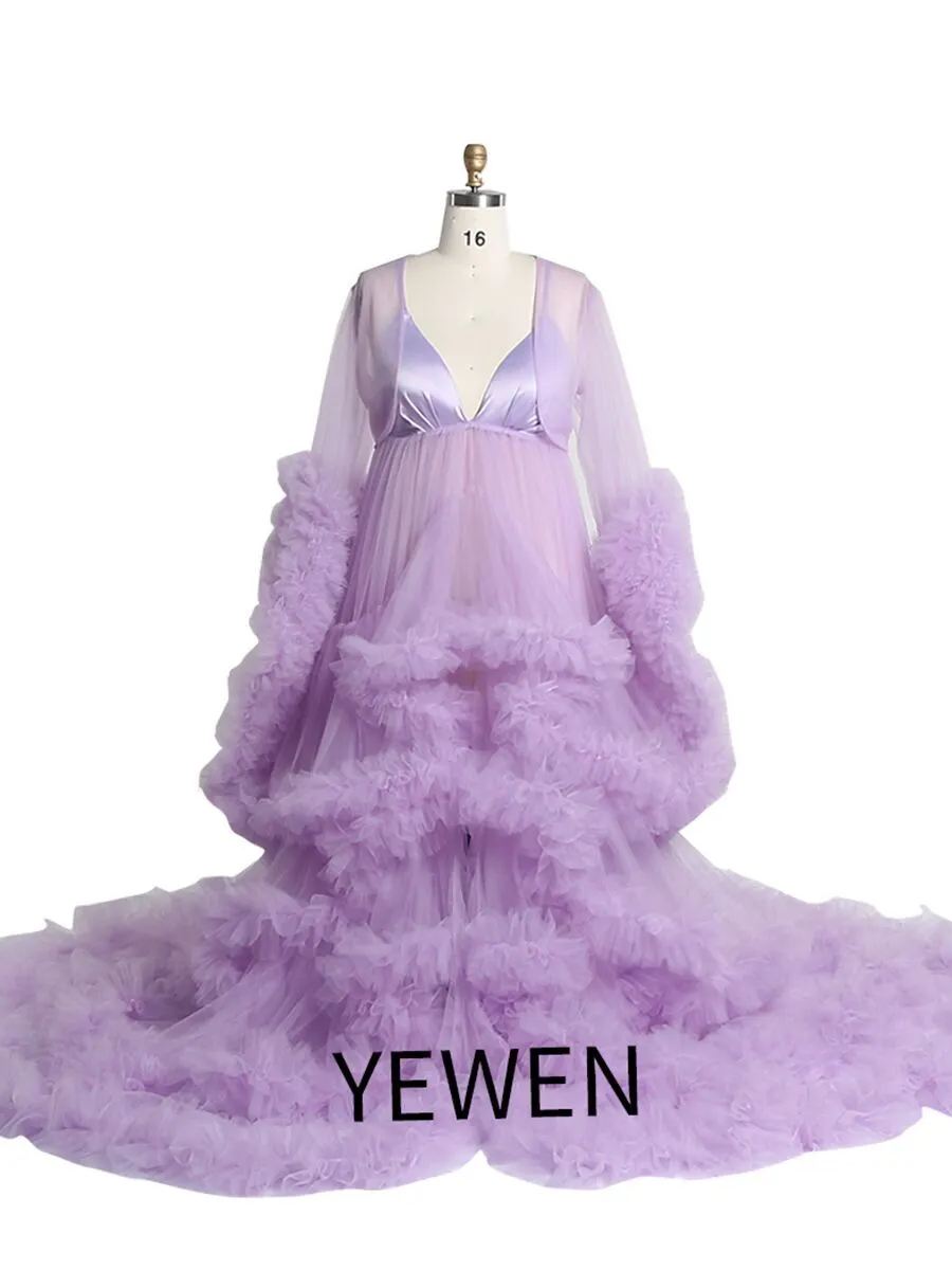 Tulle V Neck Maternity Photoshoot Dress Removable Shawl Baby Shower Dress Robe for Photoshoot YW220704