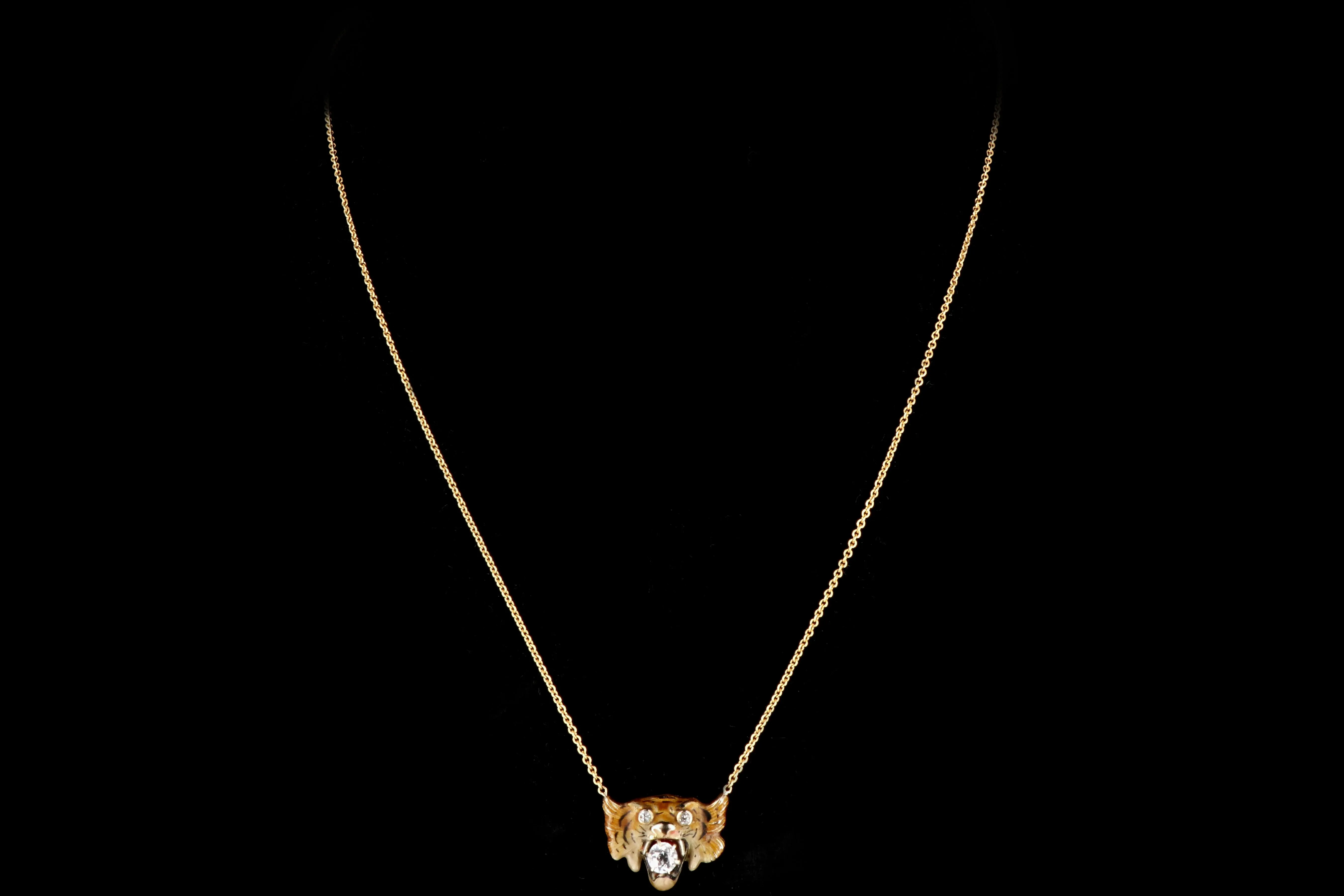 Victorian 14K Yellow Gold Enamel Tiger Diamond Conversion Necklace