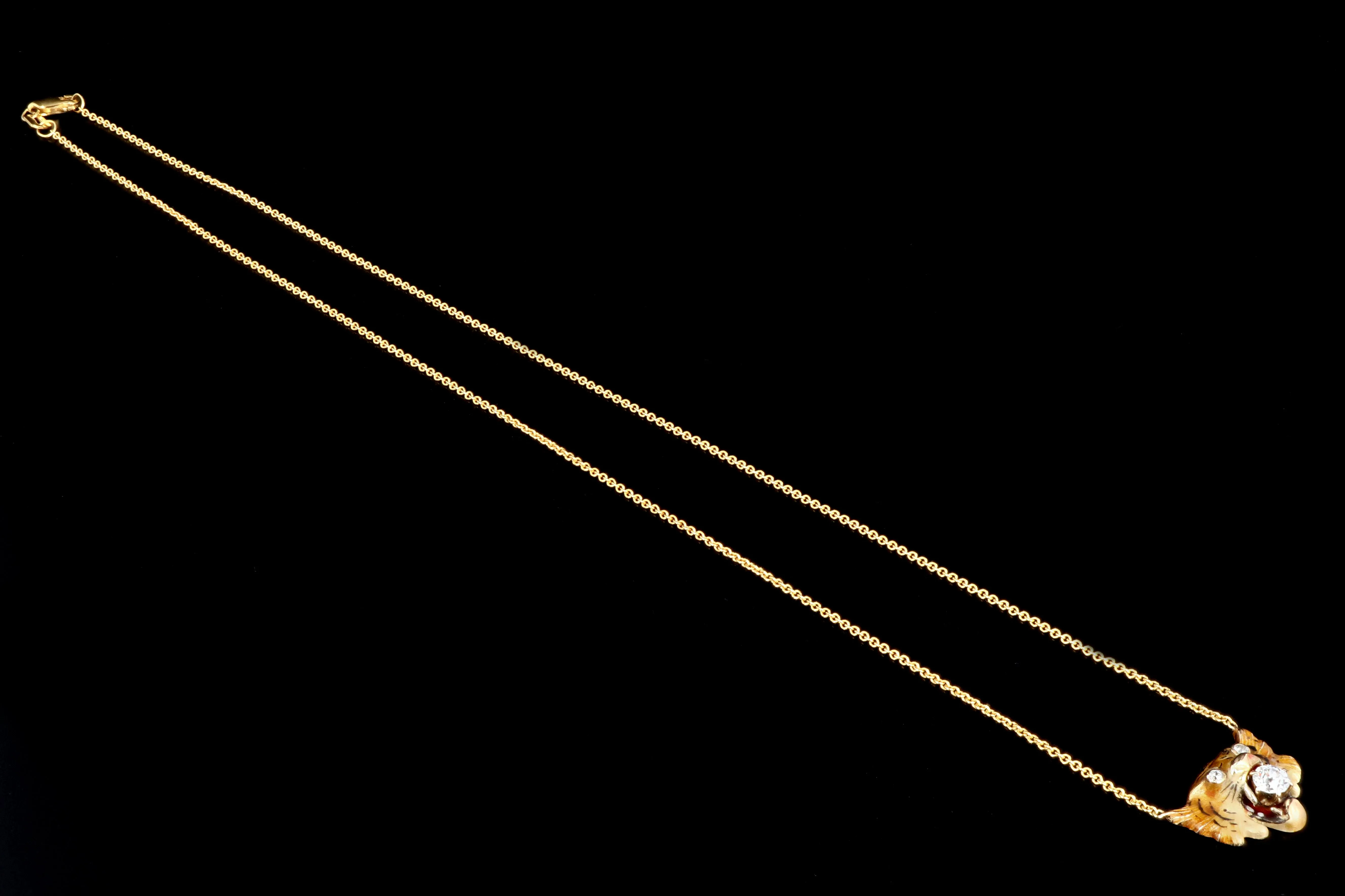 Victorian 14K Yellow Gold Enamel Tiger Diamond Conversion Necklace