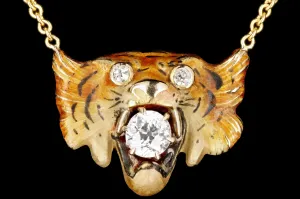 Victorian 14K Yellow Gold Enamel Tiger Diamond Conversion Necklace