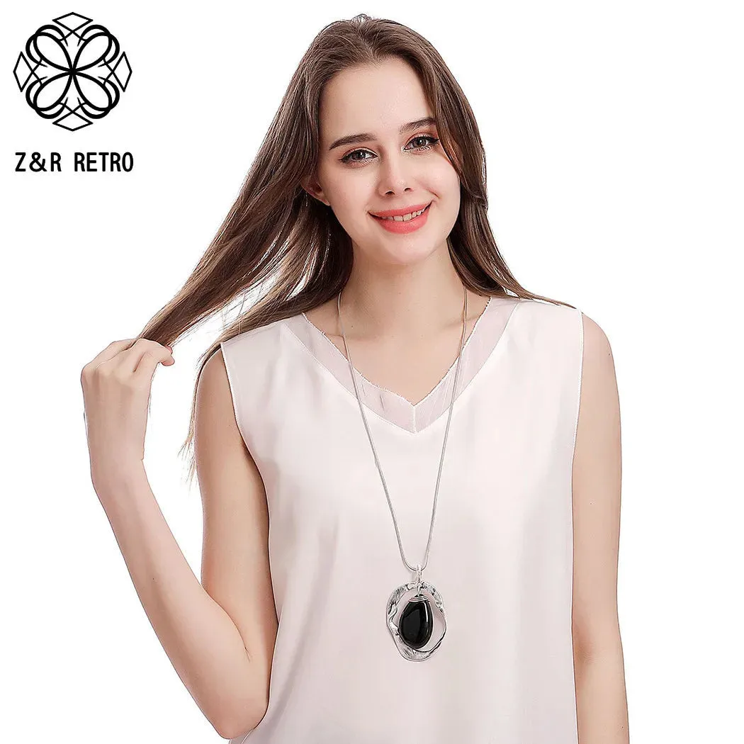 Vintage Statement Collar Chain Geometry Necklace with Stone Bead Valentines Day Pendant