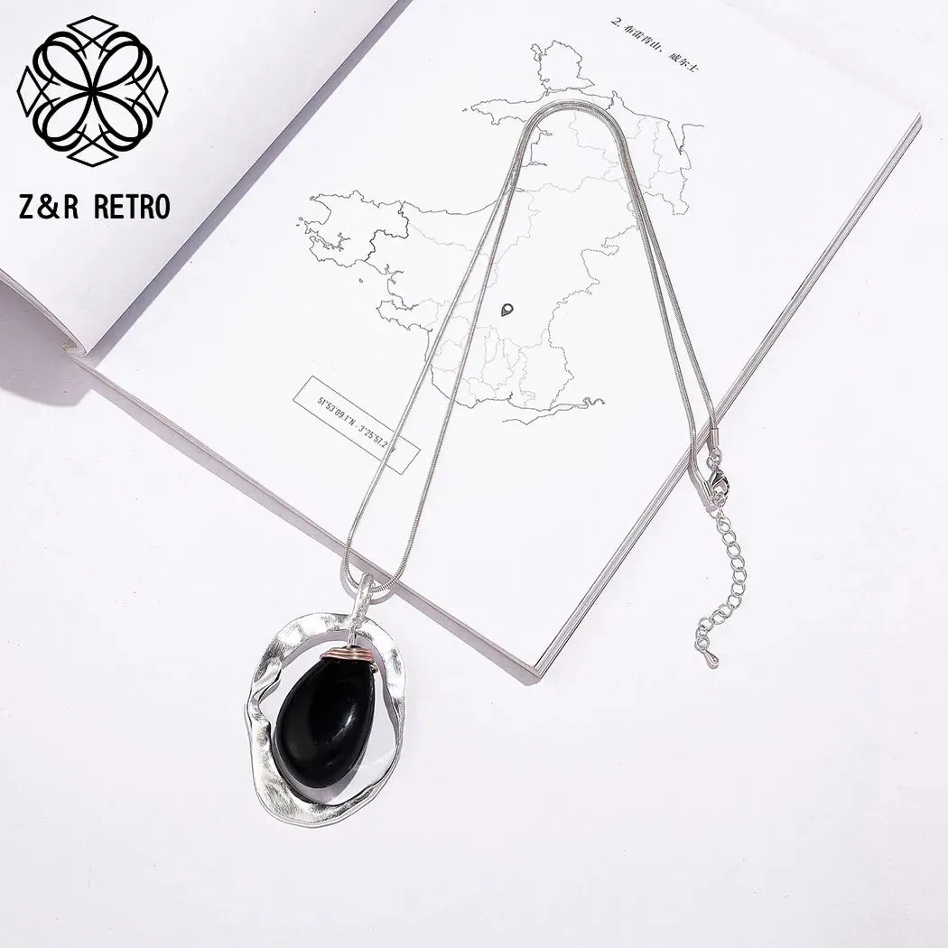 Vintage Statement Collar Chain Geometry Necklace with Stone Bead Valentines Day Pendant