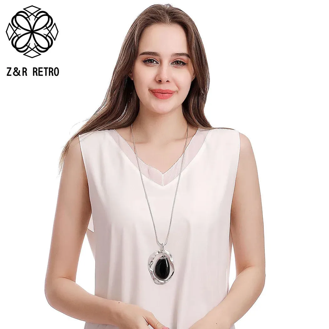 Vintage Statement Collar Chain Geometry Necklace with Stone Bead Valentines Day Pendant