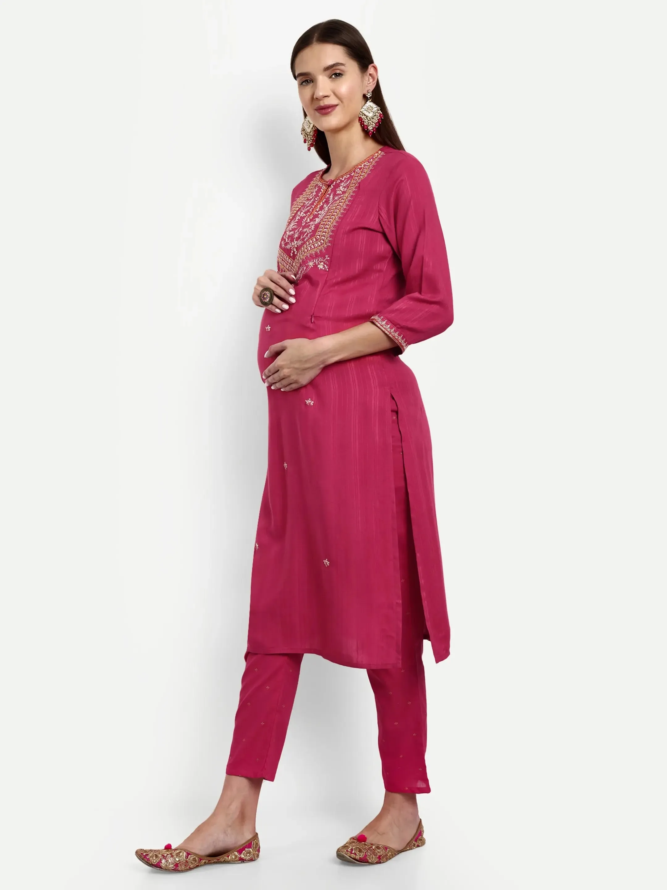 Viscose Rayon Embroided Kurta With Trouser And Dupatta For Feeding And Maternity