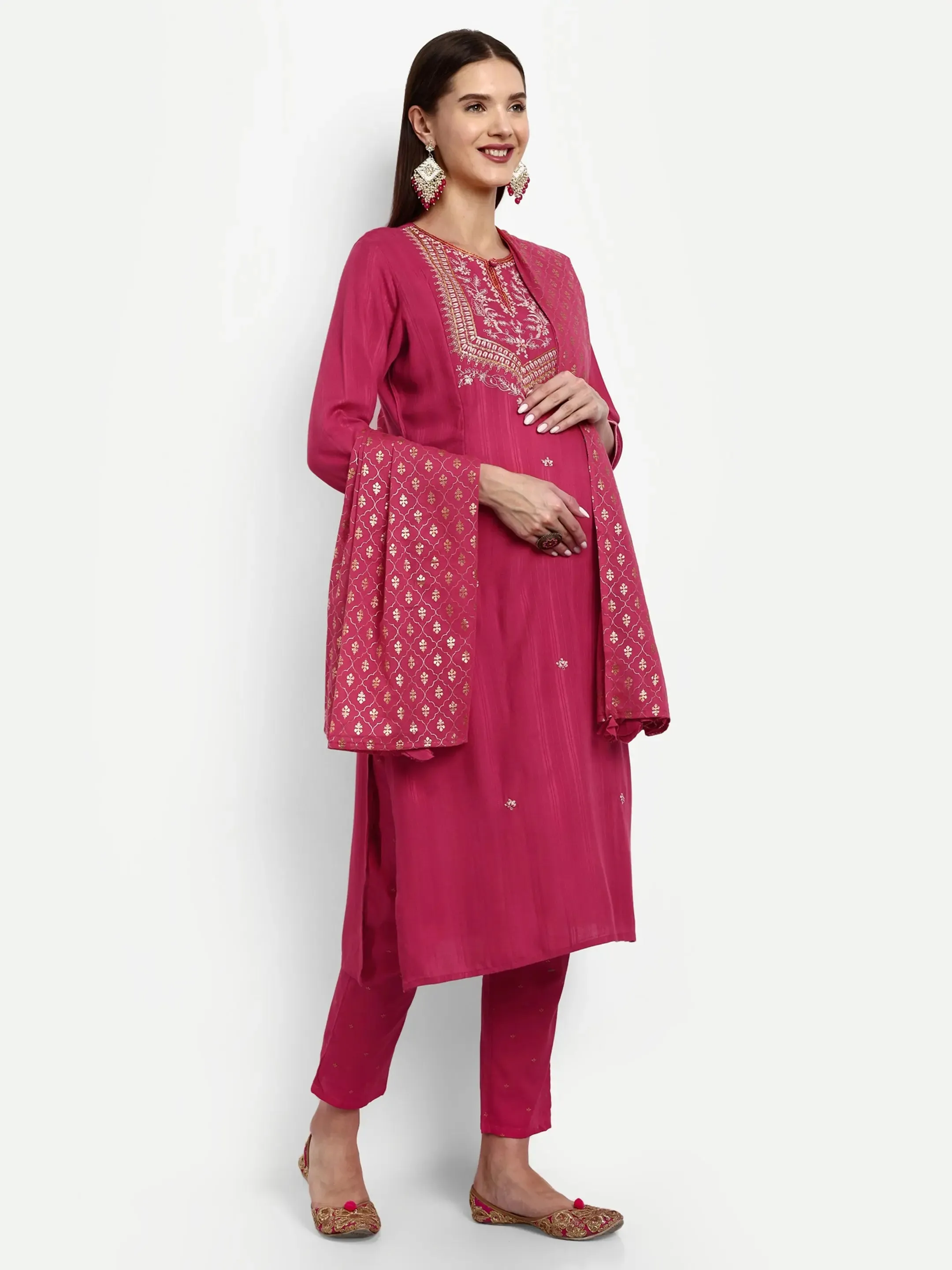Viscose Rayon Embroided Kurta With Trouser And Dupatta For Feeding And Maternity