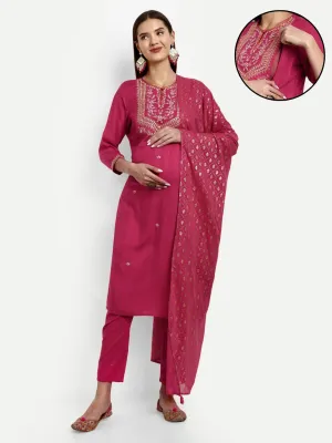 Viscose Rayon Embroided Kurta With Trouser And Dupatta For Feeding And Maternity