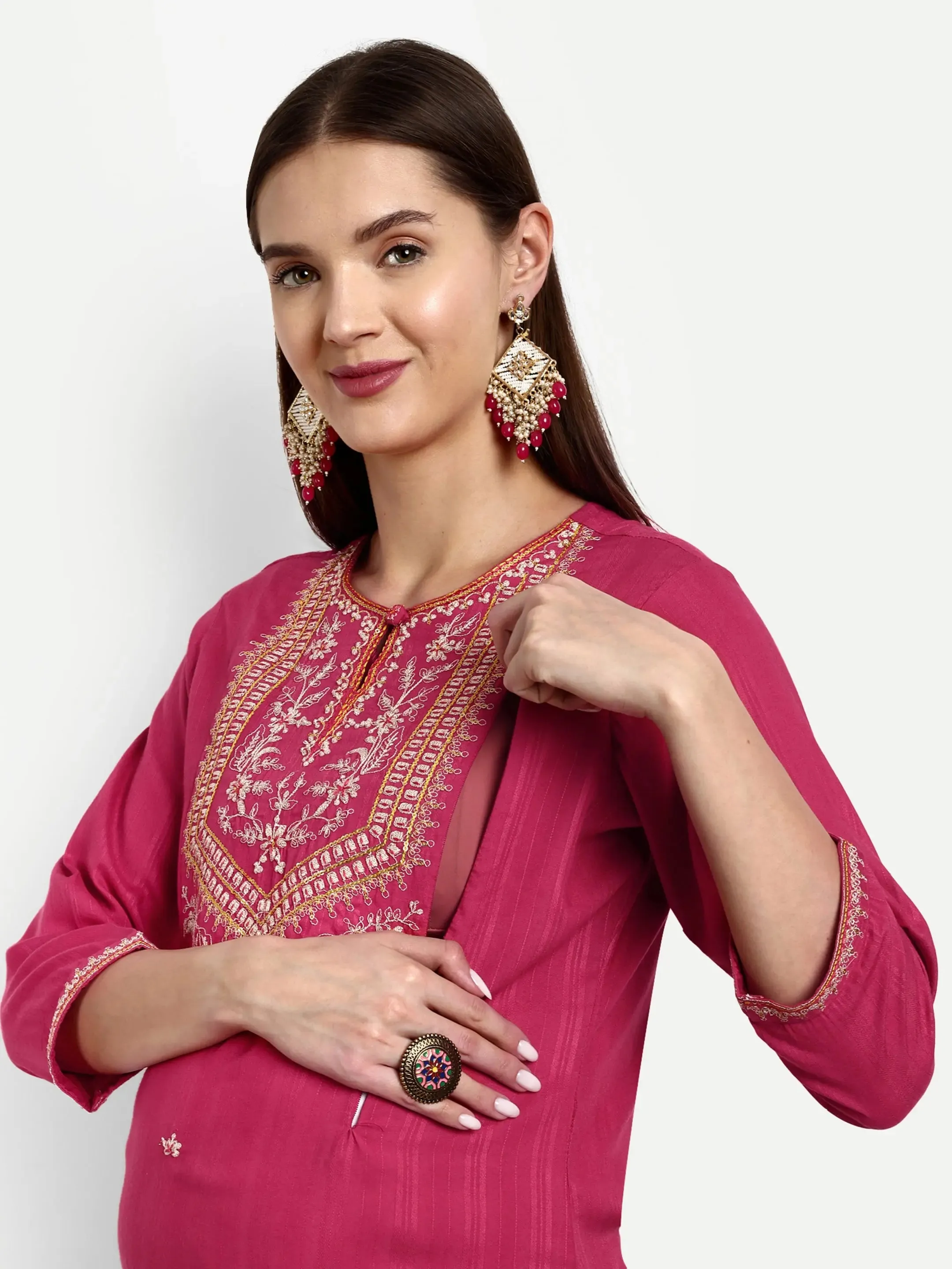 Viscose Rayon Embroided Kurta With Trouser And Dupatta For Feeding And Maternity