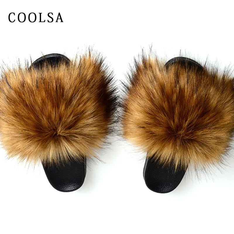 Warm Fur Slippers Women Faux Fox Fur Slides