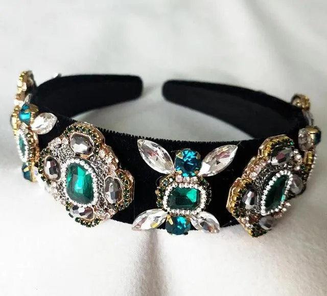 Wide Headband Full Rhinestone Handmade Red Crystal Velvet Wedding Hair Jewelry