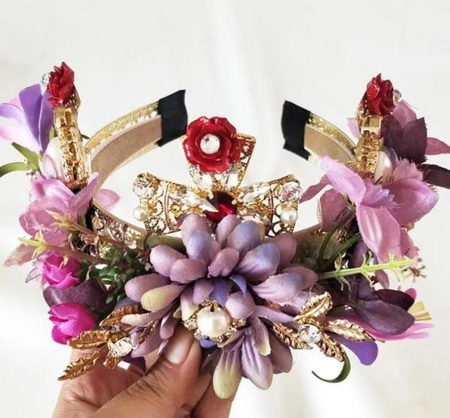 Wide Headband Full Rhinestone Handmade Red Crystal Velvet Wedding Hair Jewelry