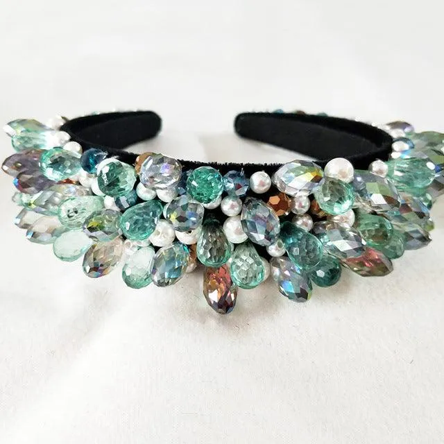 Wide Headband Full Rhinestone Handmade Red Crystal Velvet Wedding Hair Jewelry