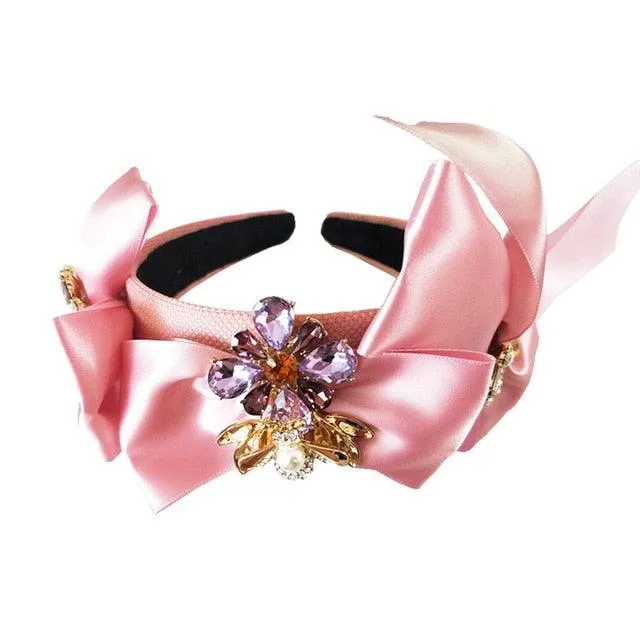 Wide Headband Full Rhinestone Handmade Red Crystal Velvet Wedding Hair Jewelry