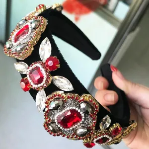 Wide Headband Full Rhinestone Handmade Red Crystal Velvet Wedding Hair Jewelry