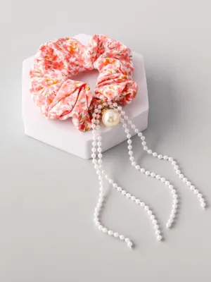 WOMEN'S ASSORTED COLORS FLORAL PEARLS HAIR SCRUNCHES
