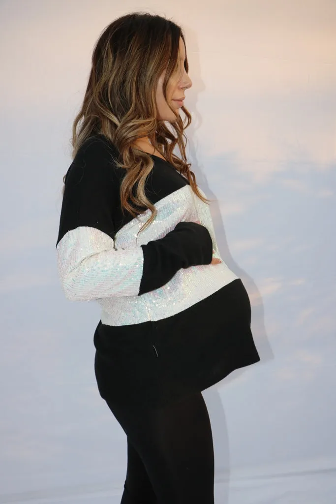 Women's black long sleeve soft v neck maternity & post natal top with sequins