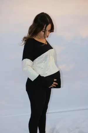 Women's black long sleeve soft v neck maternity & post natal top with sequins