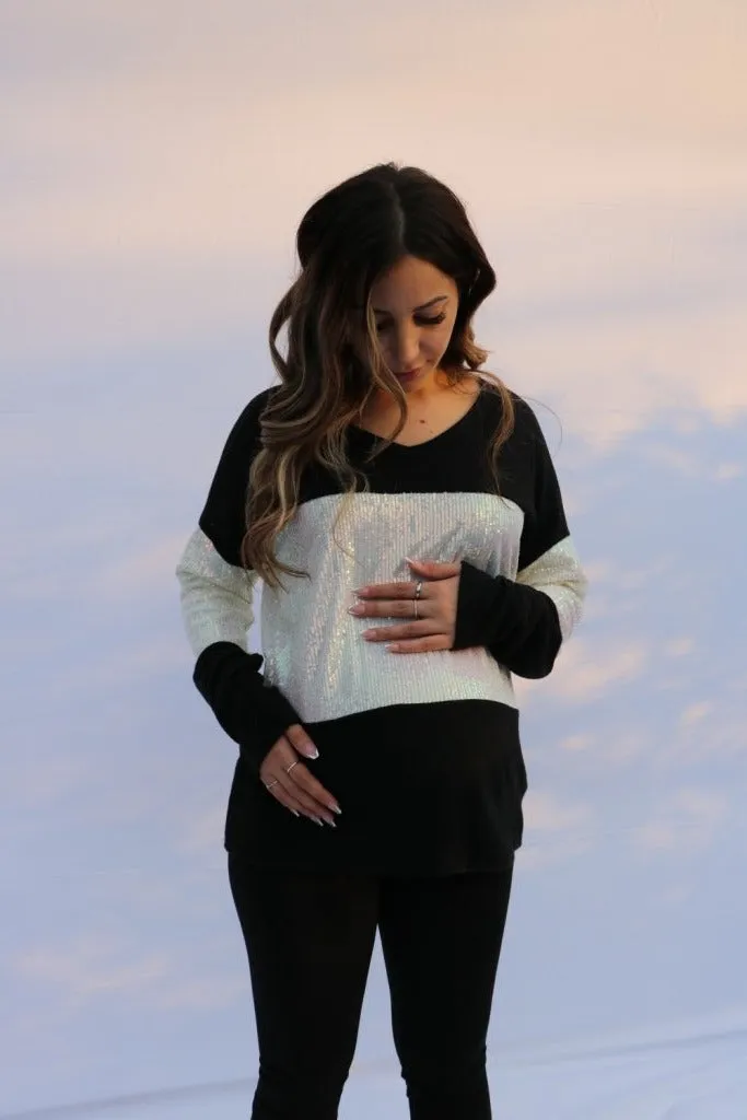 Women's black long sleeve soft v neck maternity & post natal top with sequins