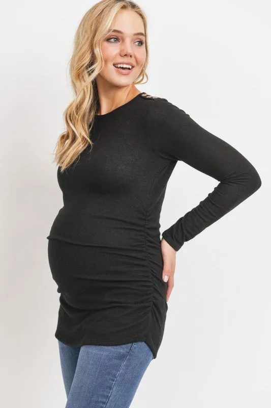 Women's black round neck long sleeve maternity & postnatal top with button detail on shoulders