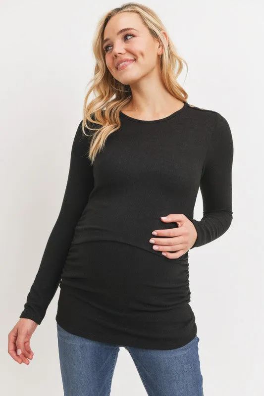 Women's black round neck long sleeve maternity & postnatal top with button detail on shoulders