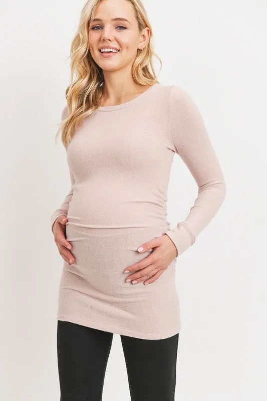 Women's round neck long sleeve rayon maternity & post natal top with side ruching in light pink or light grey