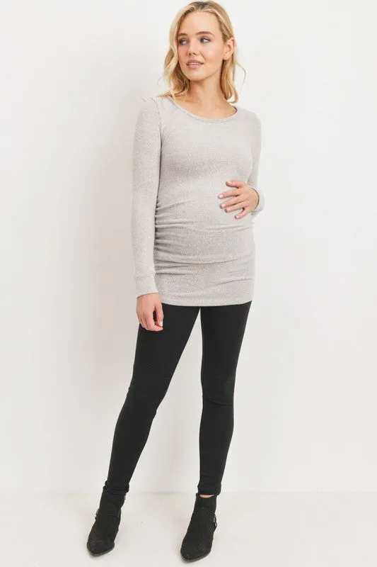 Women's round neck long sleeve rayon maternity & post natal top with side ruching in light pink or light grey