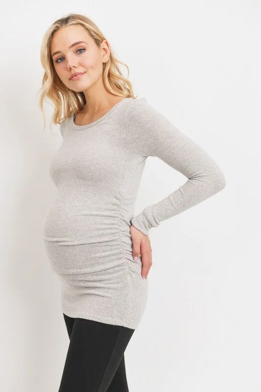 Women's round neck long sleeve rayon maternity & post natal top with side ruching in light pink or light grey