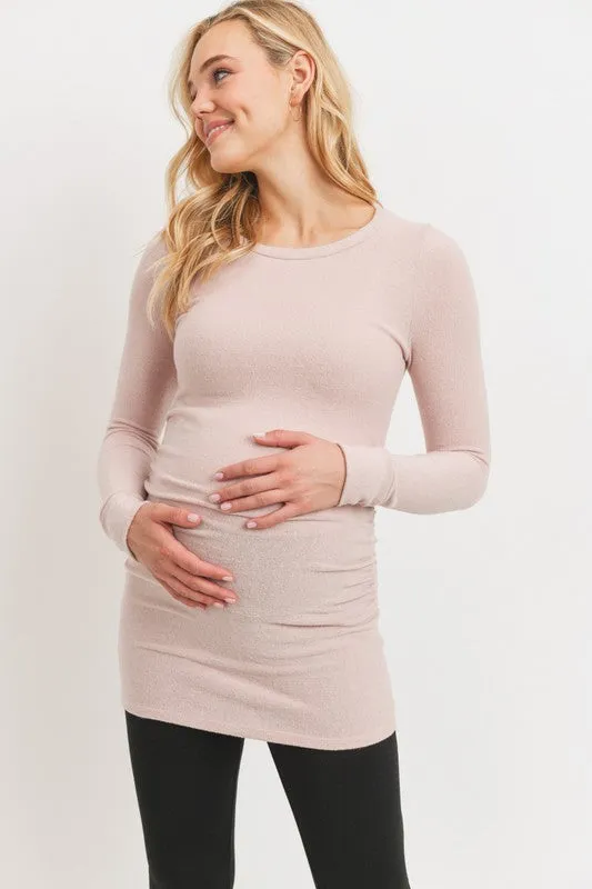 Women's round neck long sleeve rayon maternity & post natal top with side ruching in light pink or light grey