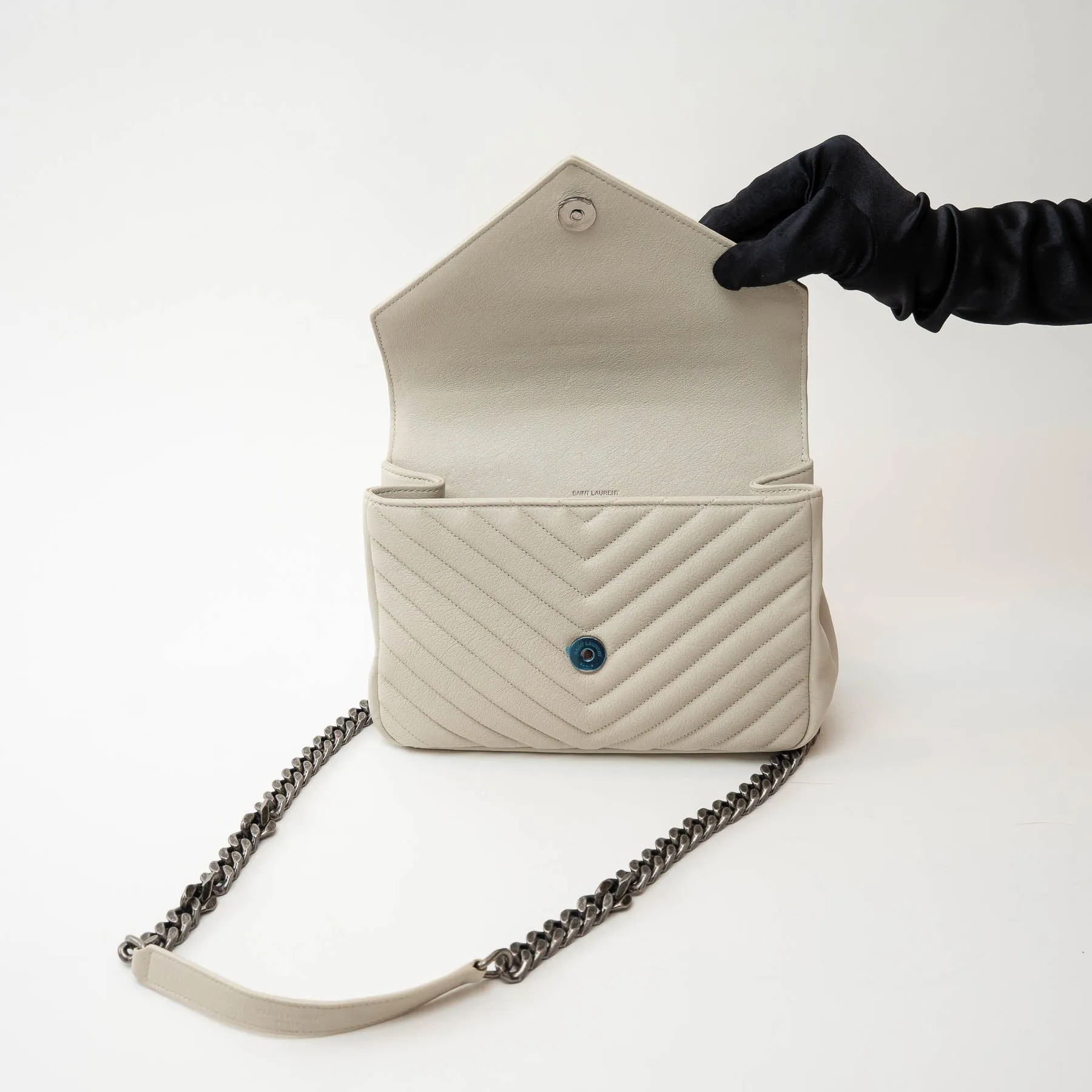 YSL Cream Chevron Quilted Leather Matelasse Medium College bag