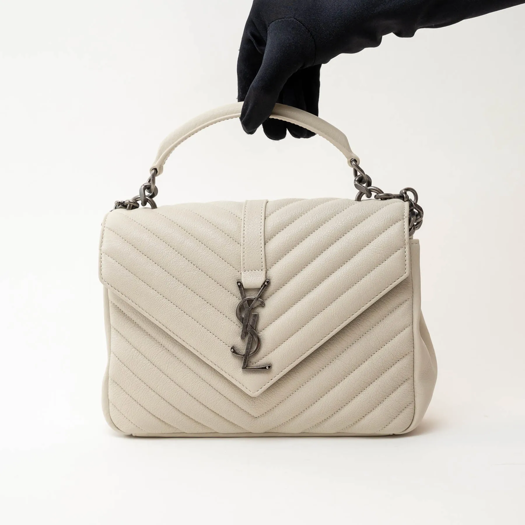 YSL Cream Chevron Quilted Leather Matelasse Medium College bag