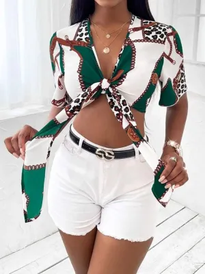 Zanora Printed Tie-Front Short Sleeve Crop Top
